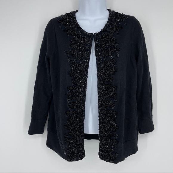Talbots Small Black Beaded Sequined Cardigan Lambswool Blend 3/4 Sleeves Small - Picture 1 of 7